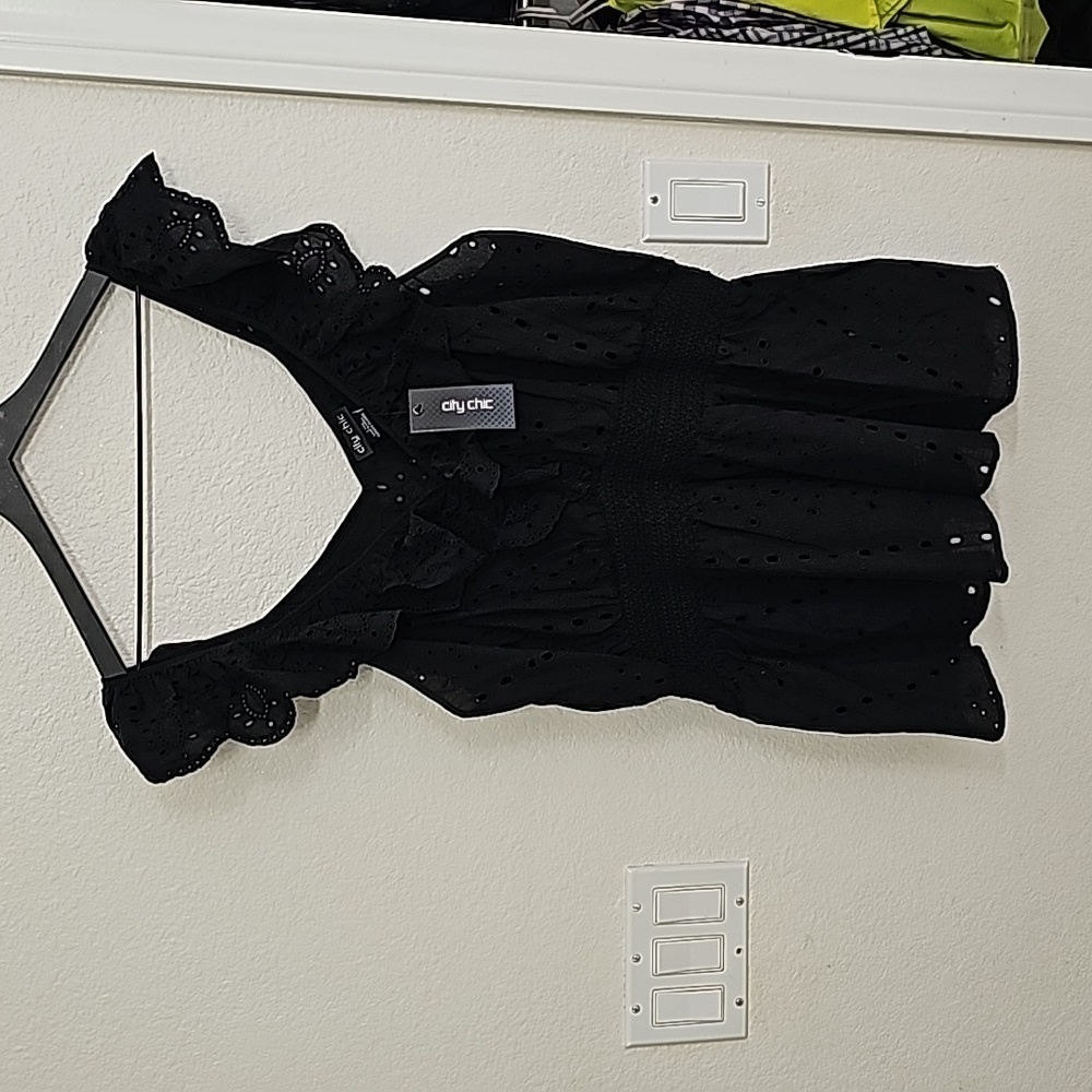 City Chic Large Black Eyelet Peplum Tank Top NWT